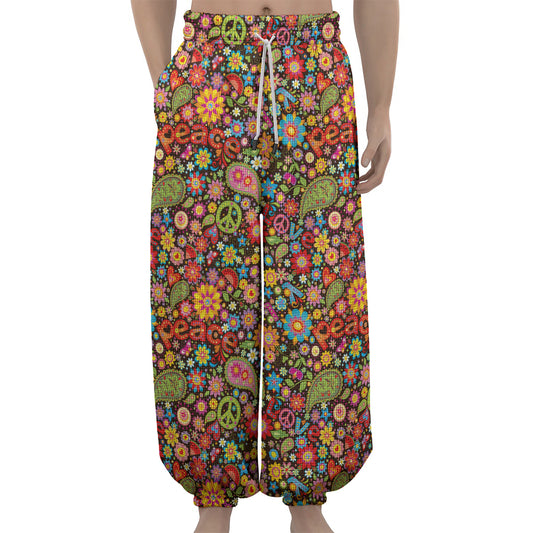Colorful Hippie Peace Symbols Print Lantern Pants
