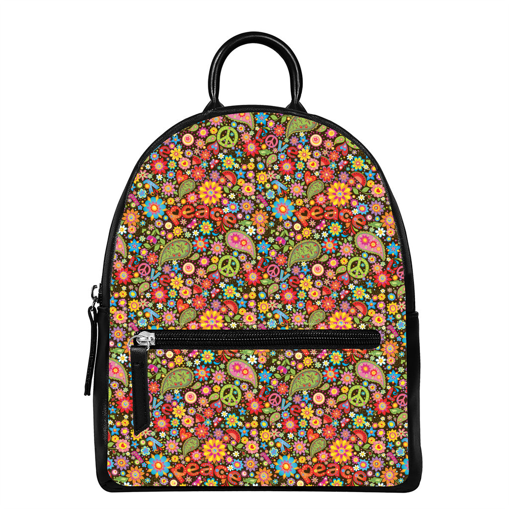 Colorful Hippie Peace Symbols Print Leather Backpack