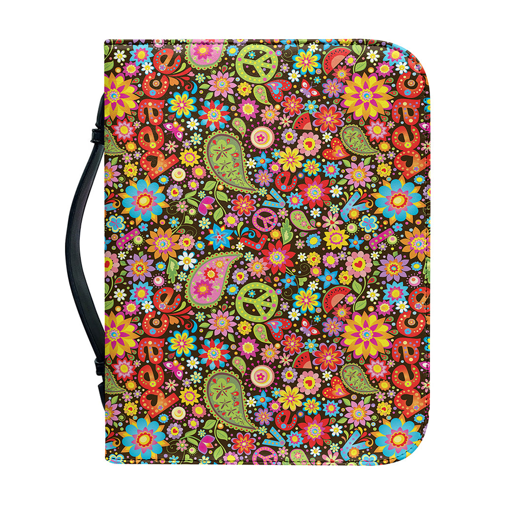 Colorful Hippie Peace Symbols Print Leather Bible Cover