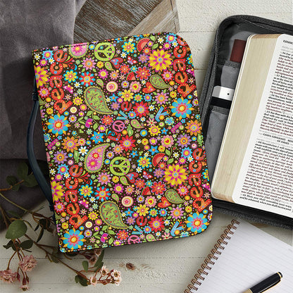 Colorful Hippie Peace Symbols Print Leather Bible Cover