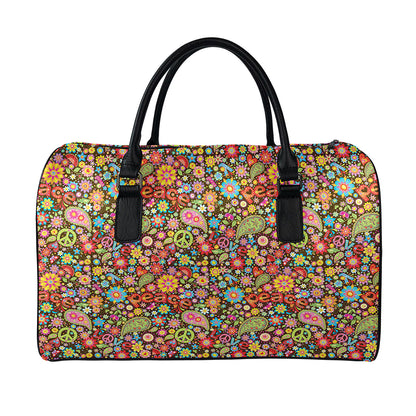 Colorful Hippie Peace Symbols Print Leather Duffle Bag