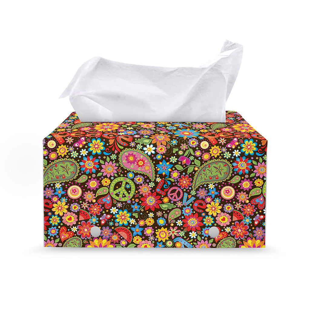 Colorful Hippie Peace Symbols Print Leather Tissue Box Cover