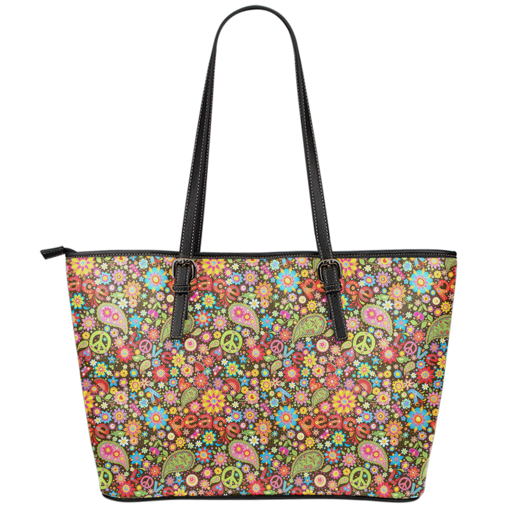 Colorful Hippie Peace Symbols Print Leather Tote Bag