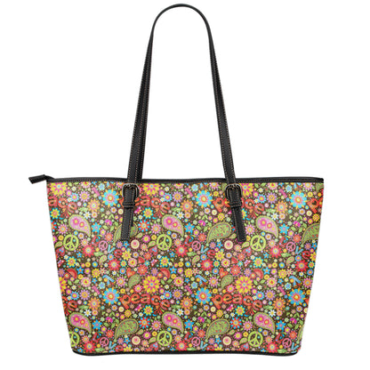 Colorful Hippie Peace Symbols Print Leather Tote Bag