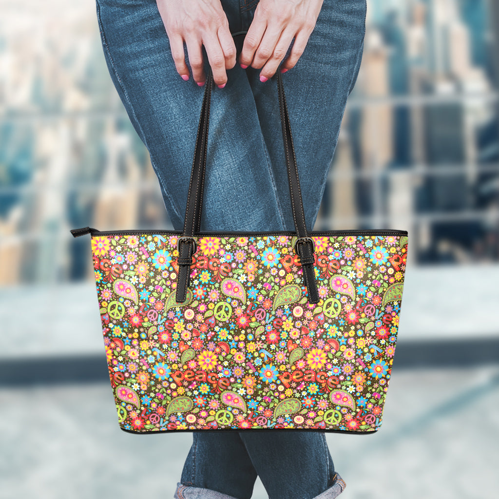 Colorful Hippie Peace Symbols Print Leather Tote Bag
