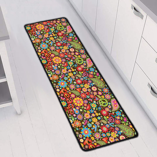 Colorful Hippie Peace Symbols Print Long Kitchen Mat
