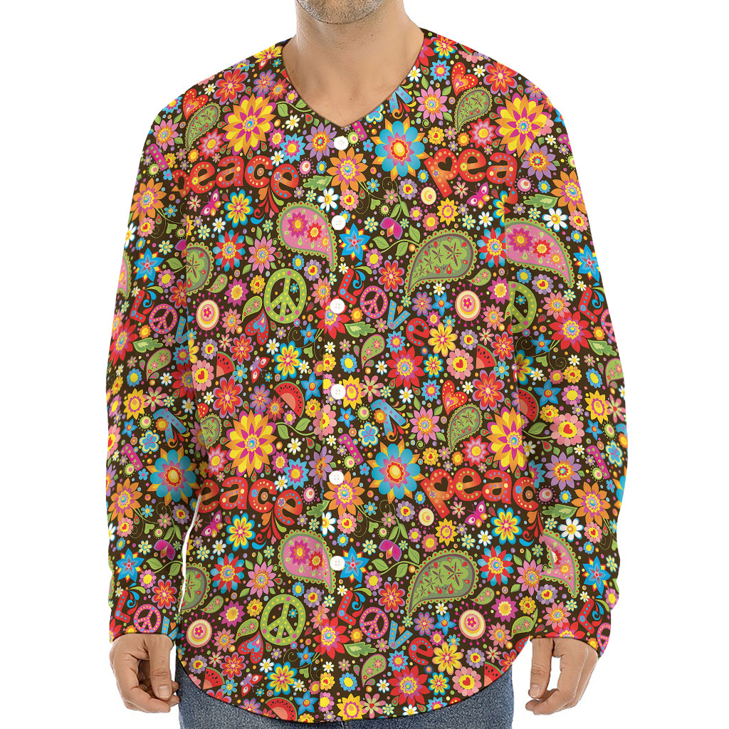 Colorful Hippie Peace Symbols Print Long Sleeve Baseball Jersey