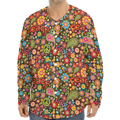 Colorful Hippie Peace Symbols Print Long Sleeve Baseball Jersey