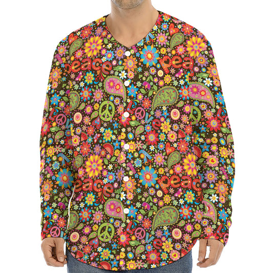 Colorful Hippie Peace Symbols Print Long Sleeve Baseball Jersey