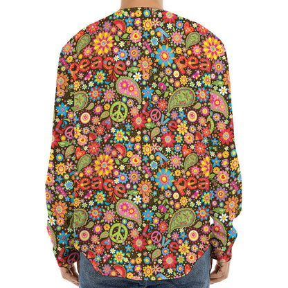 Colorful Hippie Peace Symbols Print Long Sleeve Baseball Jersey