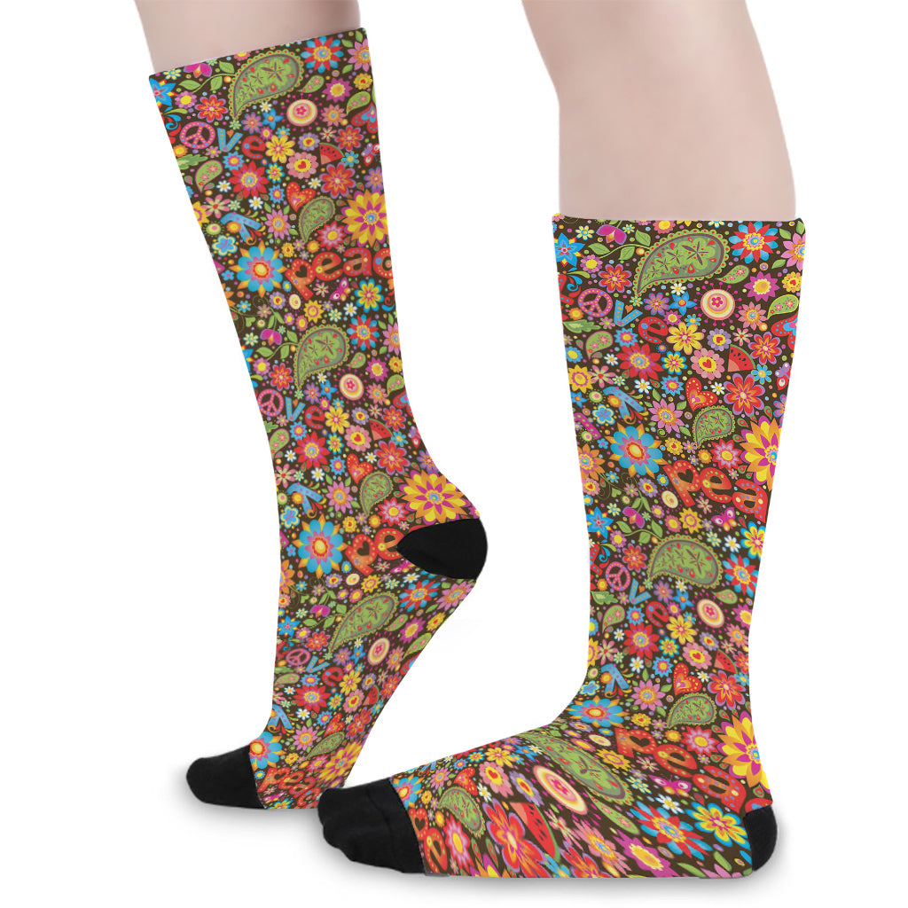 Colorful Hippie Peace Symbols Print Long Socks