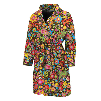 Colorful Hippie Peace Symbols Print Men's Bathrobe