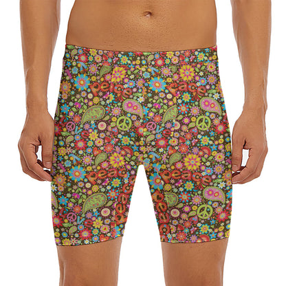 Colorful Hippie Peace Symbols Print Men's Long Boxer Briefs