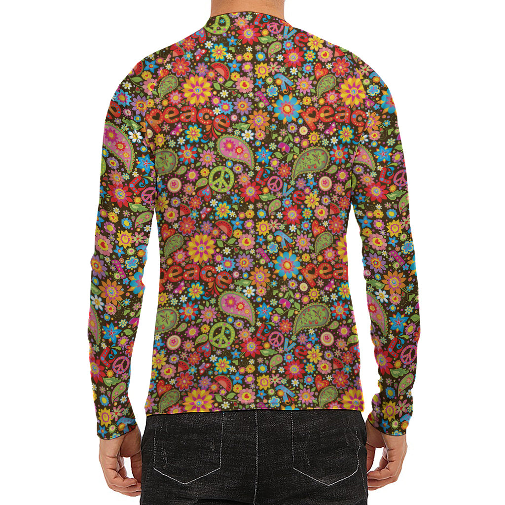 Colorful Hippie Peace Symbols Print Men's Long Sleeve Rash Guard