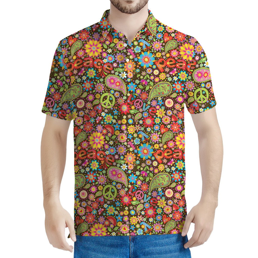 Colorful Hippie Peace Symbols Print Men's Polo Shirt