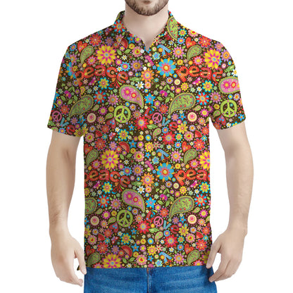 Colorful Hippie Peace Symbols Print Men's Polo Shirt