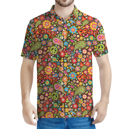 Colorful Hippie Peace Symbols Print Men's Polo Shirt