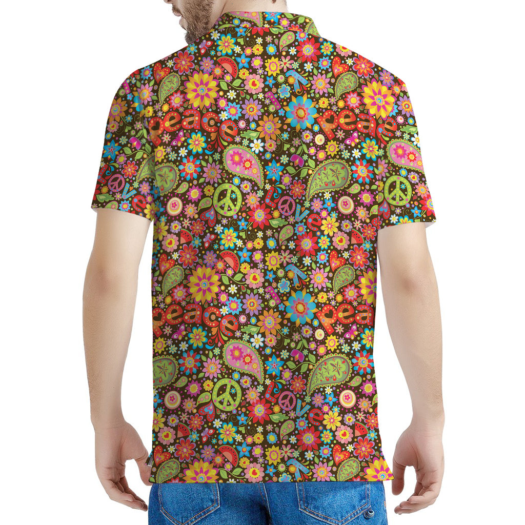 Colorful Hippie Peace Symbols Print Men's Polo Shirt