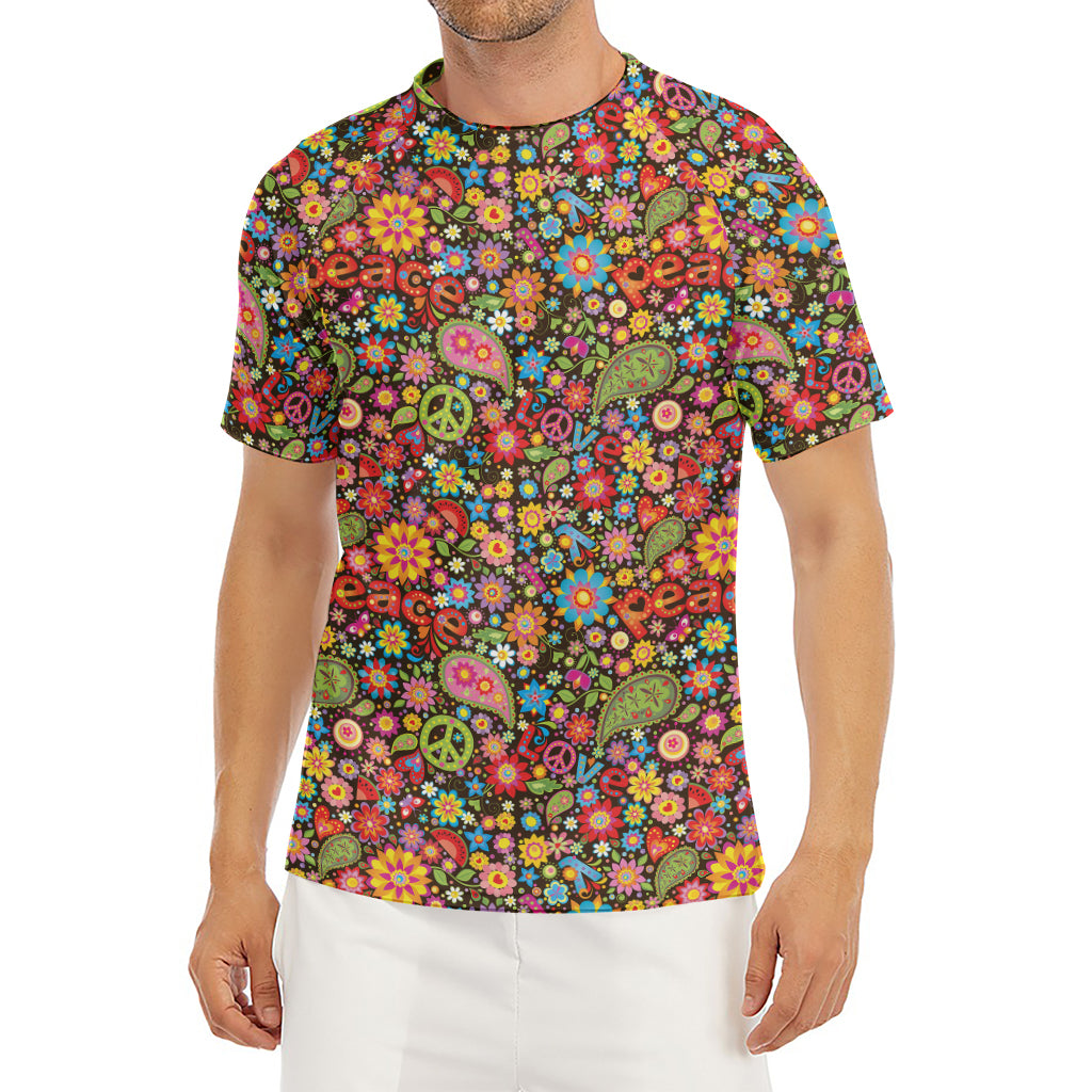 Colorful Hippie Peace Symbols Print Men's Short Sleeve Rash Guard