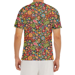 Colorful Hippie Peace Symbols Print Men's Short Sleeve Rash Guard