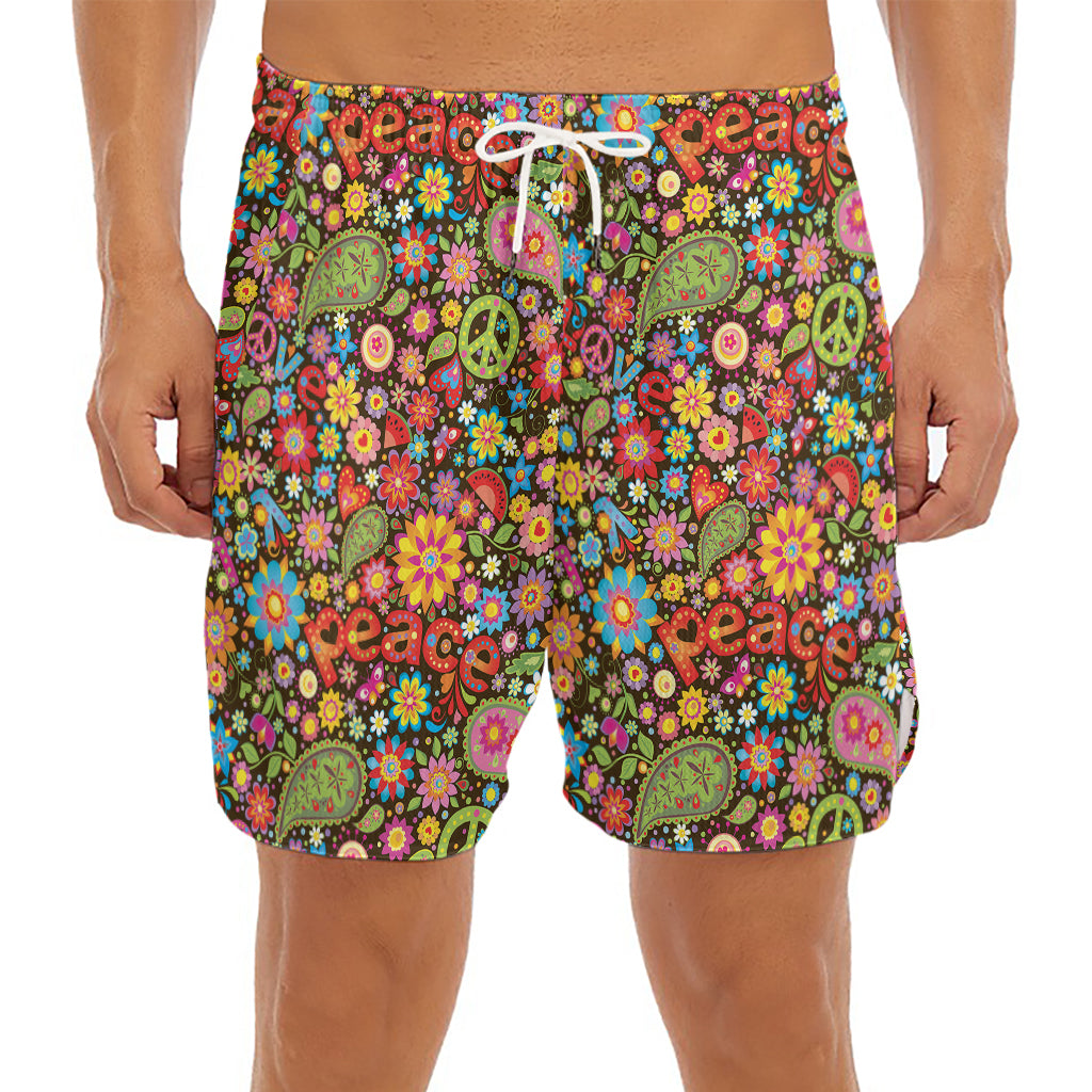 Colorful Hippie Peace Symbols Print Men's Split Running Shorts