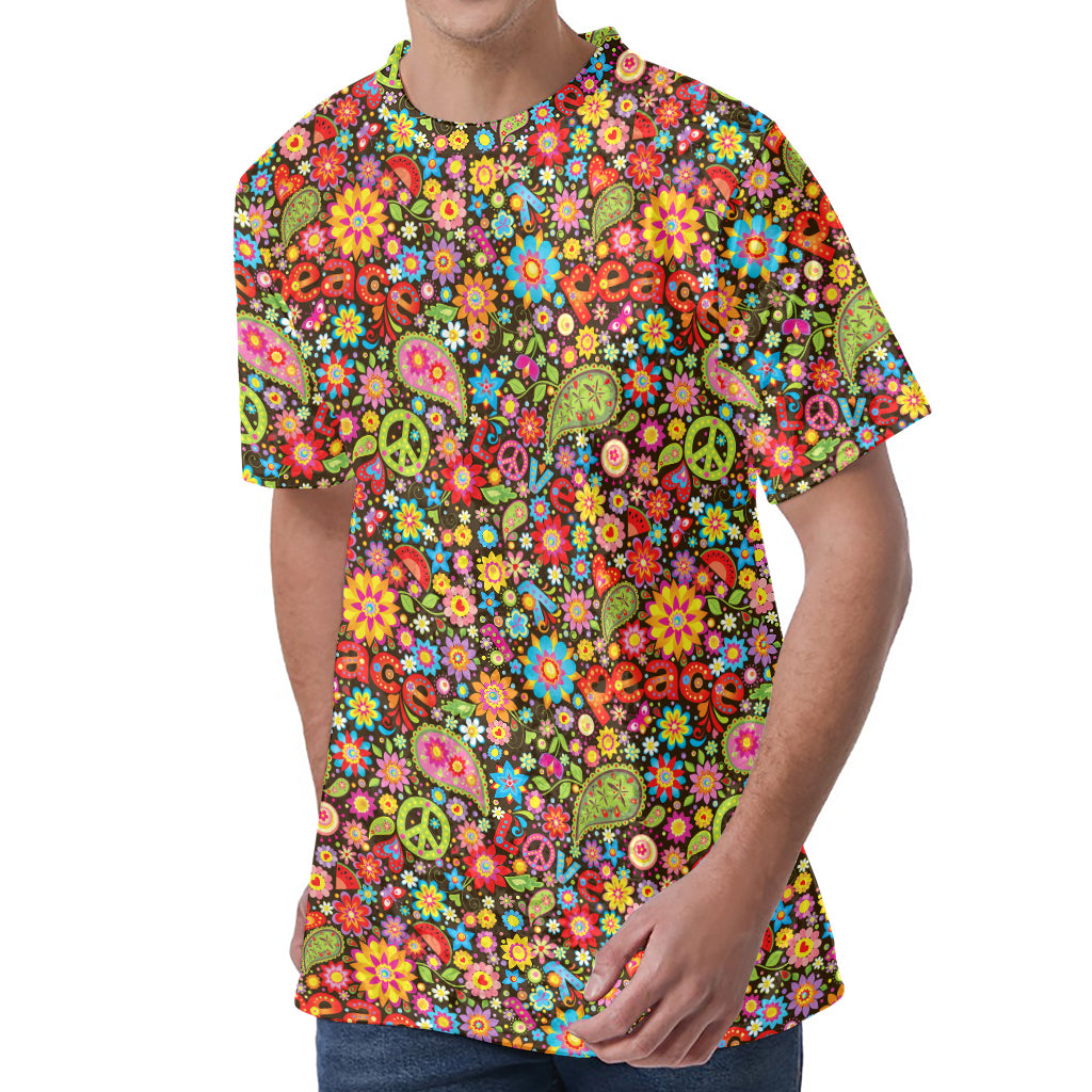 Colorful Hippie Peace Symbols Print Men's Velvet T-Shirt