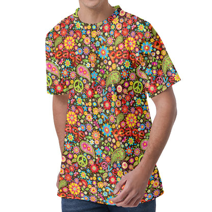 Colorful Hippie Peace Symbols Print Men's Velvet T-Shirt