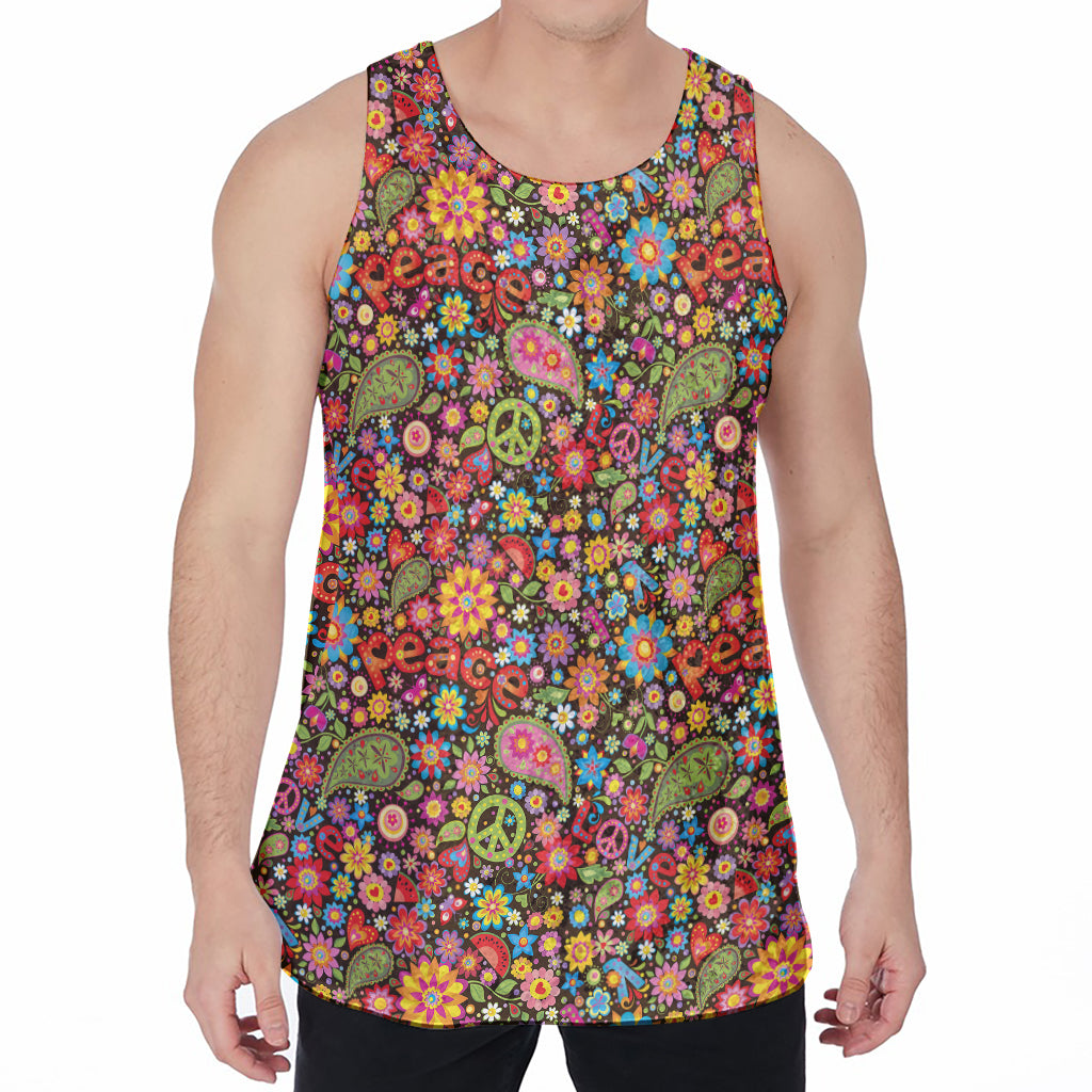 Colorful Hippie Peace Symbols Print Men's Velvet Tank Top
