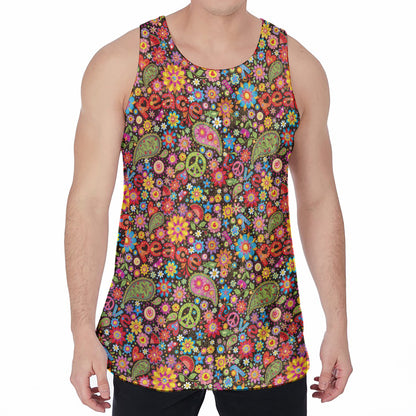 Colorful Hippie Peace Symbols Print Men's Velvet Tank Top