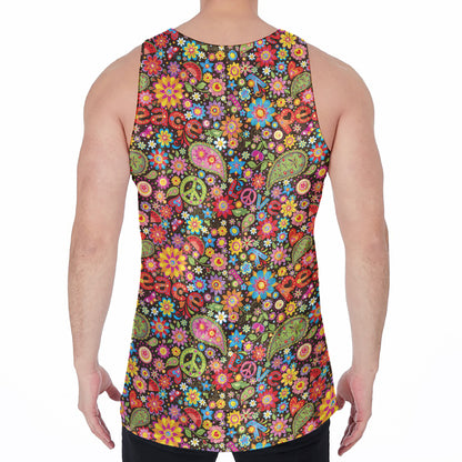 Colorful Hippie Peace Symbols Print Men's Velvet Tank Top