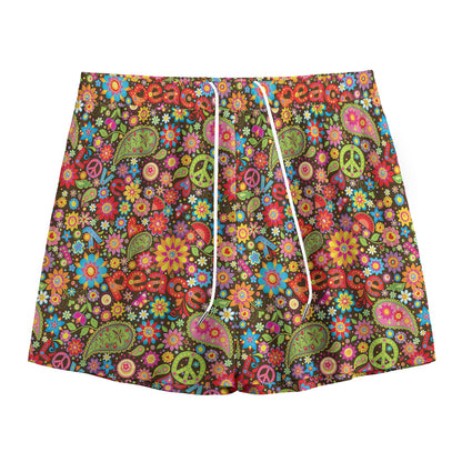 Colorful Hippie Peace Symbols Print Mesh Shorts