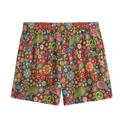 Colorful Hippie Peace Symbols Print Mesh Shorts