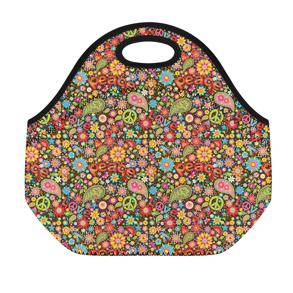 Colorful Hippie Peace Symbols Print Neoprene Lunch Bag