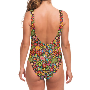 Colorful Hippie Peace Symbols Print One Piece Swimsuit