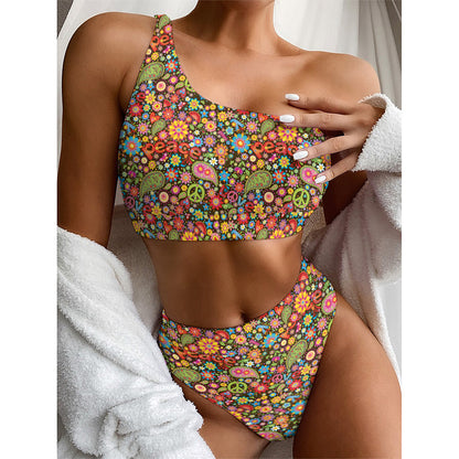 Colorful Hippie Peace Symbols Print One Shoulder Bikini Top