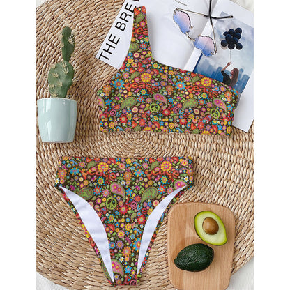 Colorful Hippie Peace Symbols Print One Shoulder Bikini Top