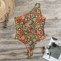 Colorful Hippie Peace Symbols Print One Shoulder Bodysuit
