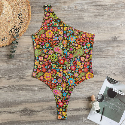 Colorful Hippie Peace Symbols Print One Shoulder Bodysuit