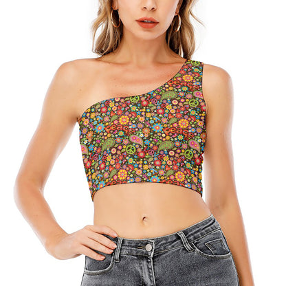 Colorful Hippie Peace Symbols Print One Shoulder Crop Top