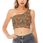 Colorful Hippie Peace Symbols Print One Shoulder Crop Top