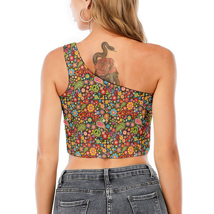 Colorful Hippie Peace Symbols Print One Shoulder Crop Top