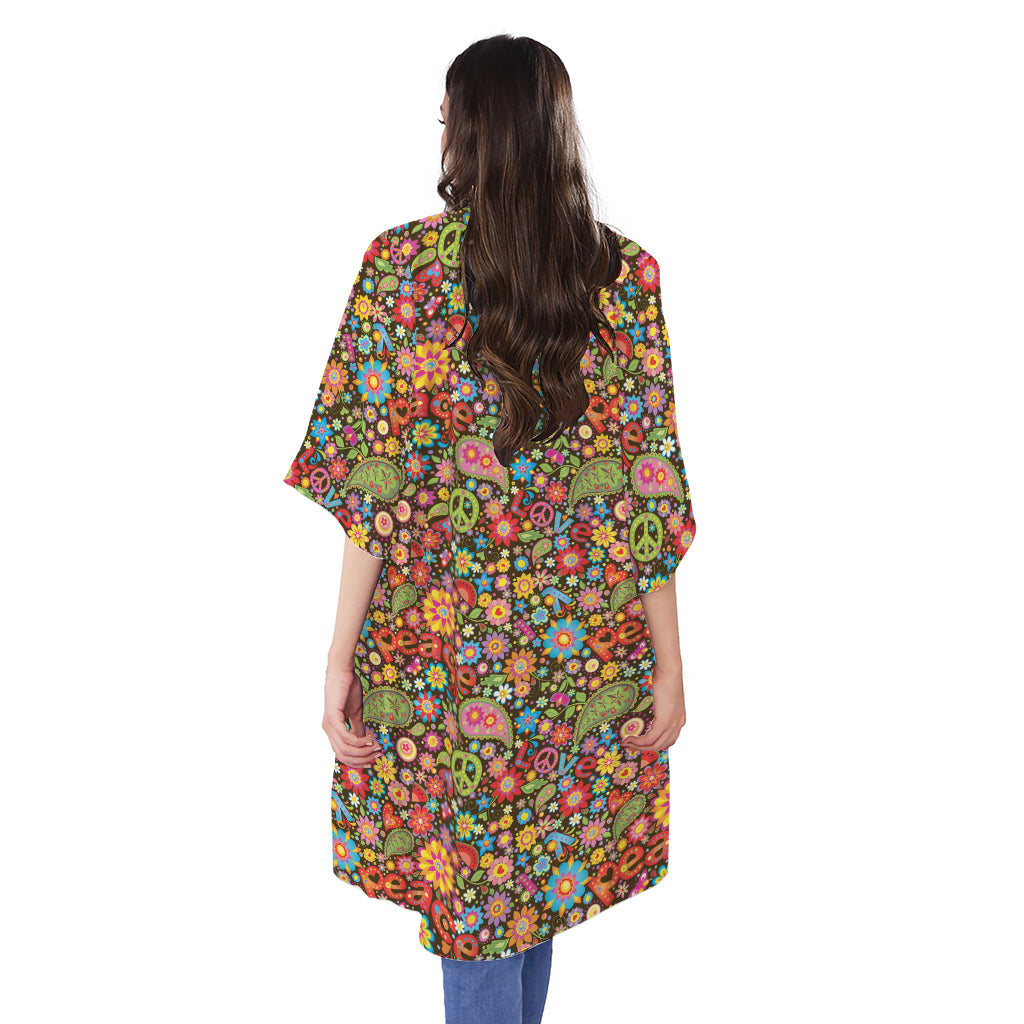 Colorful Hippie Peace Symbols Print Open Front Beach Cover Up