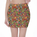 Colorful Hippie Peace Symbols Print Pencil Mini Skirt