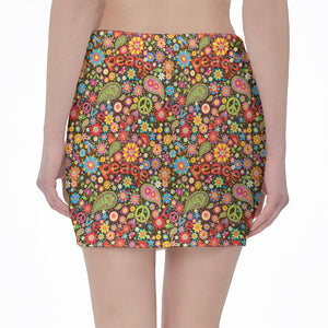 Colorful Hippie Peace Symbols Print Pencil Mini Skirt