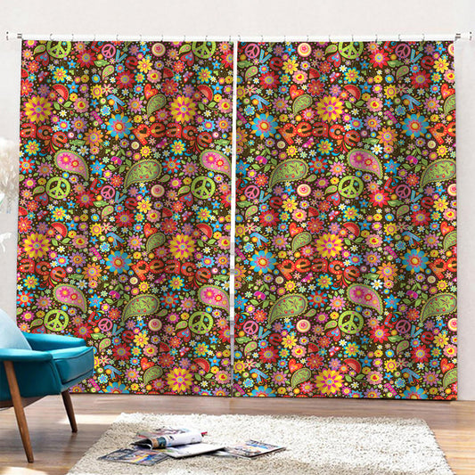 Colorful Hippie Peace Symbols Print Pencil Pleat Curtains