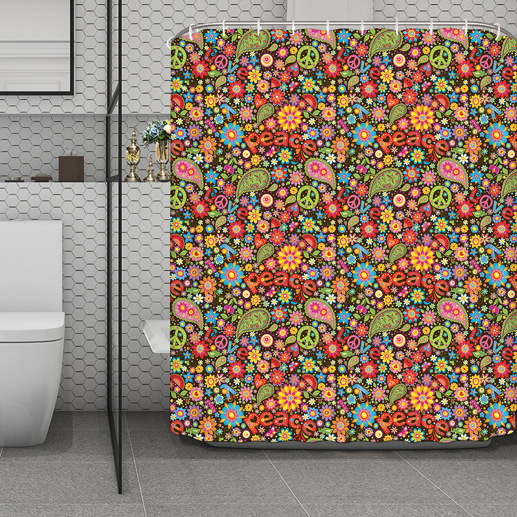 Colorful Hippie Peace Symbols Print Polyester Shower Curtain