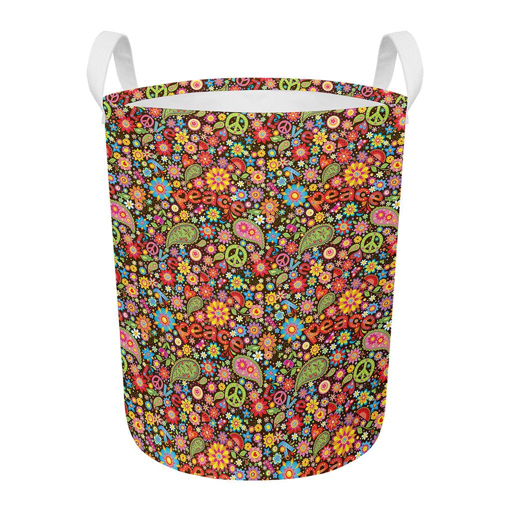 Colorful Hippie Peace Symbols Print Round Laundry Basket