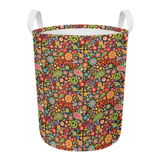 Colorful Hippie Peace Symbols Print Round Laundry Basket