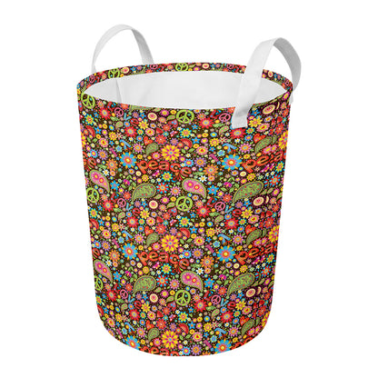 Colorful Hippie Peace Symbols Print Round Laundry Basket