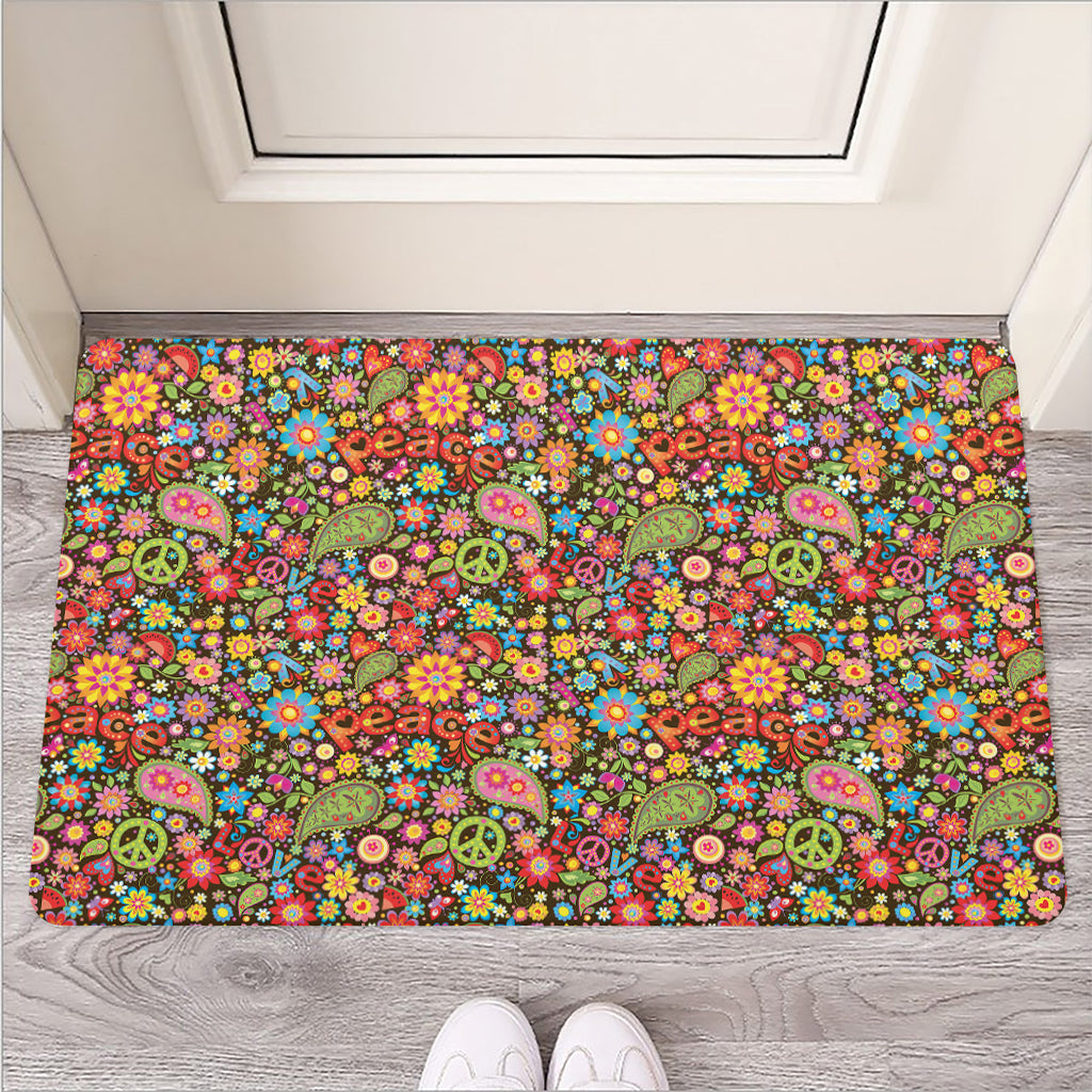 Colorful Hippie Peace Symbols Print Rubber Doormat